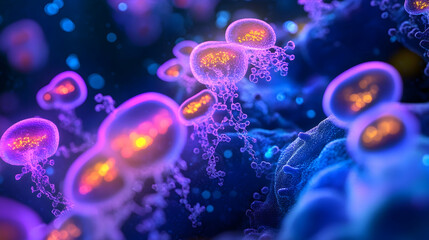 Obraz premium A glowing depiction of cellular structures with orange and purple hues, floating in a blue microscopic background.