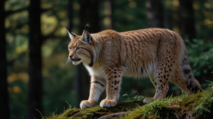 Obraz premium Eurasian lynx walking on mossy rock in forest.