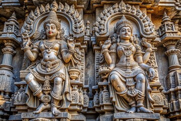 Obraz premium Ornate Wall Panel Reliefs of Goddess Kali and Vamana at Hoysaleshwara Temple, Halebidu, Karnataka, Showcasing Intricate Stone Carvings and Architectural Beauty