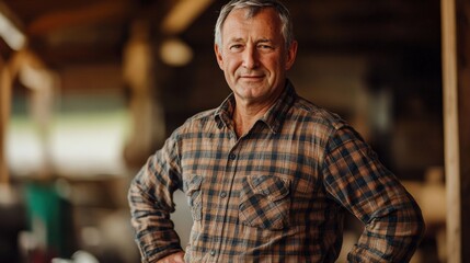 Obraz premium Smiling Farmer in Rustic Workshop Setting