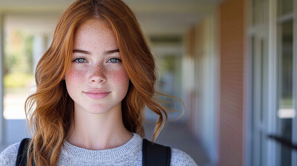 Fototapeta premium A teenage girl with freckles confidently holds a backpack while looking at the camera. She stands against a high school background, exuding a sense of empowerment and youth.