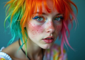 Obraz premium Brightly colored hair and vibrant makeup on a model with unique style