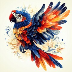 Naklejka premium A vibrant, stylized illustration of a colorful parrot with intricate feather details.
