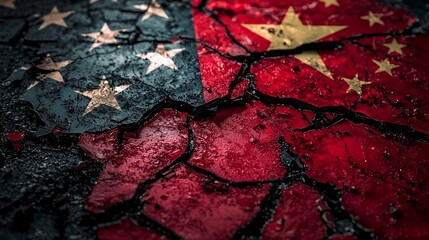 Shattered Digital Grid with Chinese and American Flags Symbolizing Cyber Conflict and Counterattack