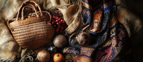 Woven basket, fruit, and patterned textiles arranged on a textured surface.