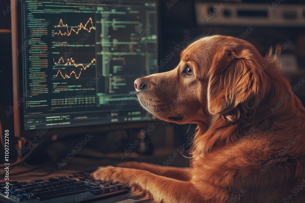Aufkleber A curious dog sits at a computer, intently observing screens filled with data and graphs, blending technology with pet charm.