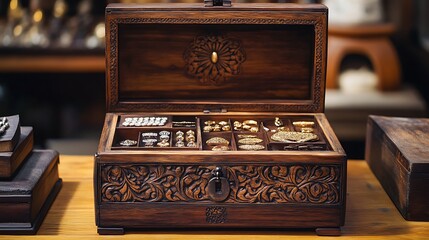 Ornate wooden jewelry box with gold jewelry inside.