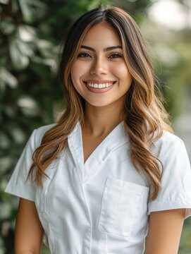 Salud y Sonrisa: Enfermera Latina en Uniforme Blanco, Con Cabello Sujeto y Cofia