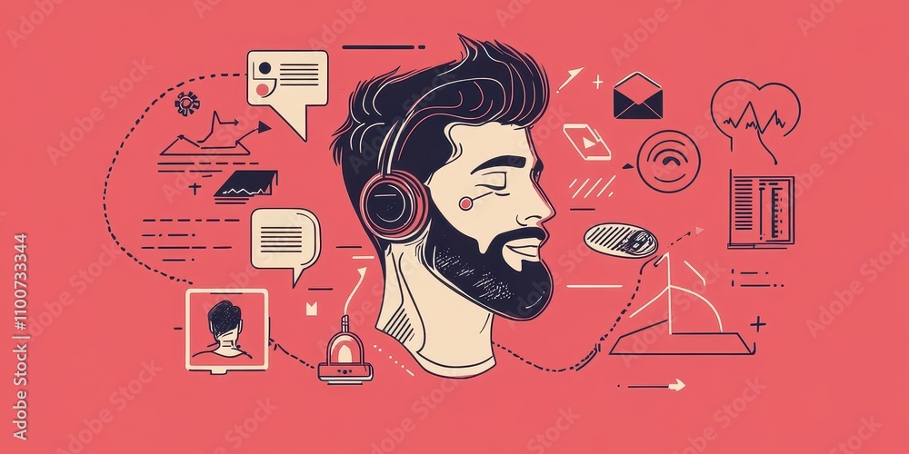 Poster a stylized illustration of a man with headphones, surrounded by icons representing communication, te