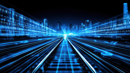 Fototapeta premium Futuristic glowing cityscape with digital data streams