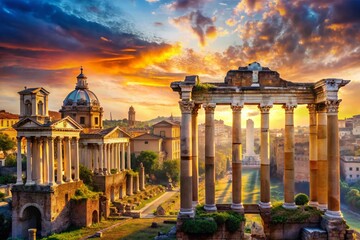 Obraz premium Panoramic Double Exposure of Ancient Roman Ruins with Majestic Columns Against a Dreamy Skyline Blending History and Nature in a Stunning Visual Experience