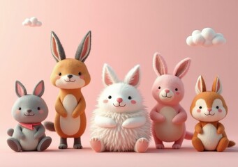 Fototapeta premium Cute collection of colorful rabbits on a soft pastel background