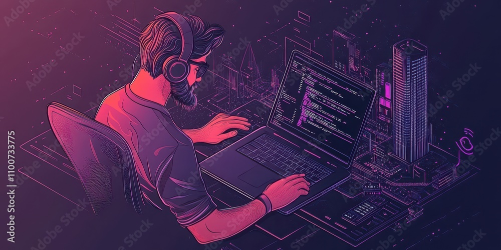 Poster a digital illustration of a person coding on a laptop, wearing headphones, immersed in a tech enviro