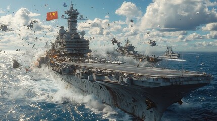 Dramatic Clash of Chinese and American Warships Amidst Fiery Collision and Shattered Debris