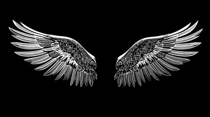 Fototapeta premium Intricate black and white angel wings design on a black background