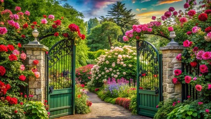 Obraz premium Panoramic View of a Beautiful Garden Gate Adorned with Roses and Another Gate Featuring the Word 