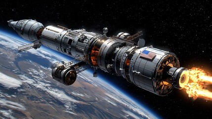 Futuristic Spacecraft Engage in Dramatic Missile Exchange Near Orbiting Space Station