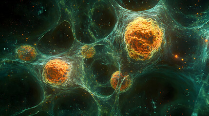 A microscopic view of orange cellular structures surrounded by fibrous green networks, highlighting detailed textures and biological intricacy.

