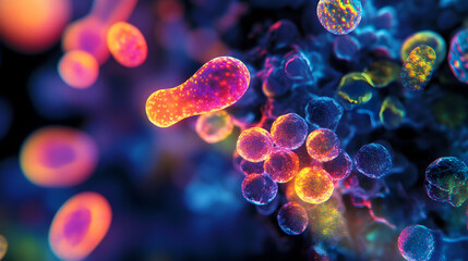 A cluster of glowing microorganisms with round and oval shapes in fiery orange and pink tones, creating a vibrant scientific visualization.

