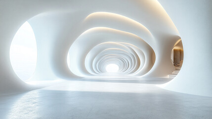 Fototapeta premium sleek modern white tunnel interior with flowing curved walls creating a sense of openness and infinity, symbolizing movement, progression, and the merging of technology with design