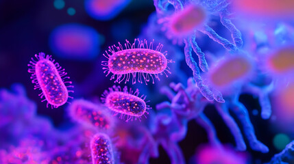 A captivating microscopic view of glowing bacteria with vivid orange interiors and purple spiky edges, emphasizing intricate bioluminescent details.

