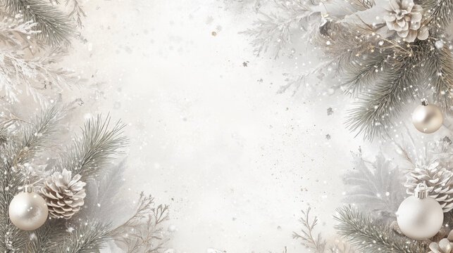 holiday christmas decoration on white background holiday wallpaper garland tree silver ornaments pine cones snowflakes space for text frame