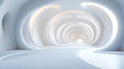 Obraz premium sleek modern white tunnel interior with flowing curved walls creating a sense of openness and infinity, symbolizing movement, progression, and the merging of technology with design