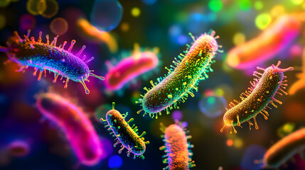 Fototapeta premium A colorful array of glowing green and pink rod-shaped bacteria floating in a vibrant biological space.