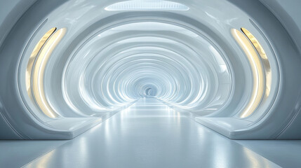 Fototapeta premium sleek modern white tunnel interior with flowing curved walls creating a sense of openness and infinity, symbolizing movement, progression, and the merging of technology with design