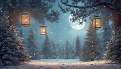 Peaceful Snowy Forest Clearing with Glowing Lanterns