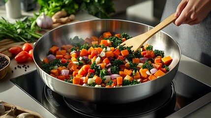 A person is cooking vegetables in the kitchen