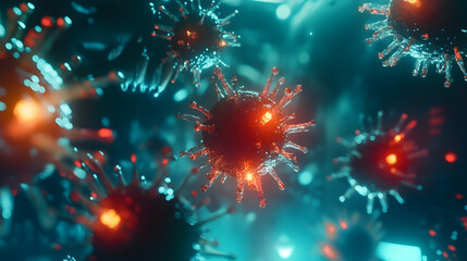 Bright orange glowing viral particles with spiky structures floating in a digital microbiological space.