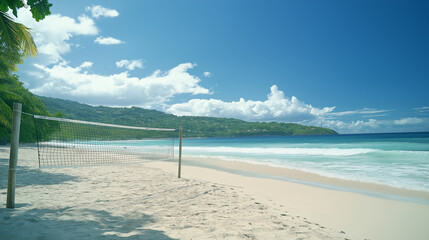 Volleyball net on a pristine tropical beach with azure waters.