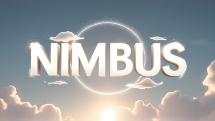Nimbus word art in sky with clouds and sun. 3D rendered graphic design.