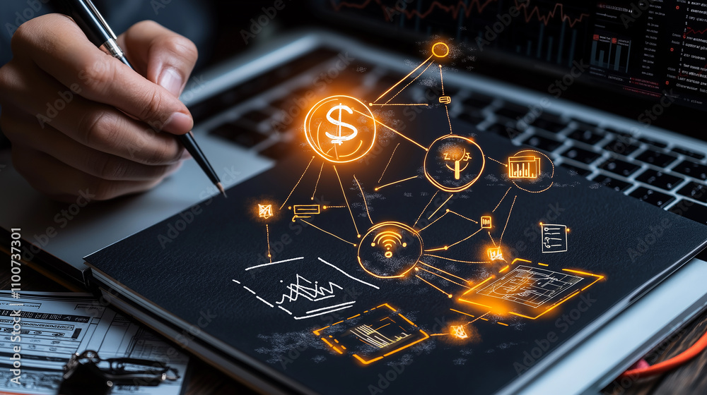 Poster notebook with financial symbols and digital connections, showcasing innovation