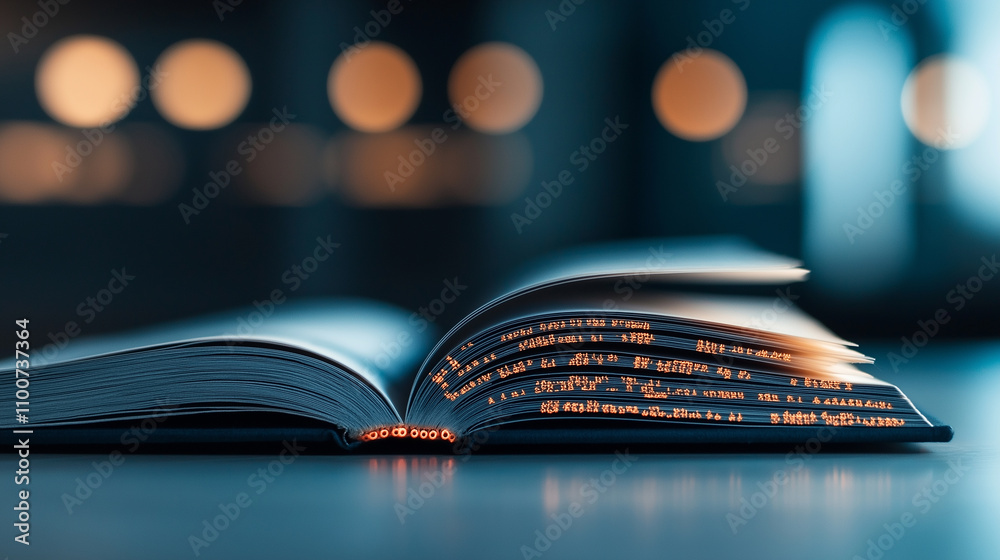Poster close up of open book with glowing text, creating magical atmosphere