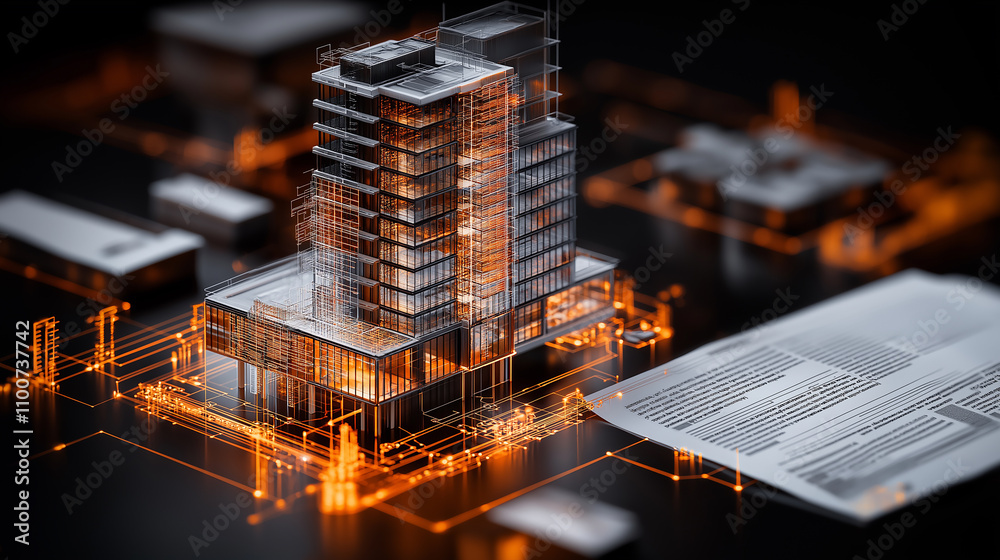 Poster conceptual image of modern government building with blueprints