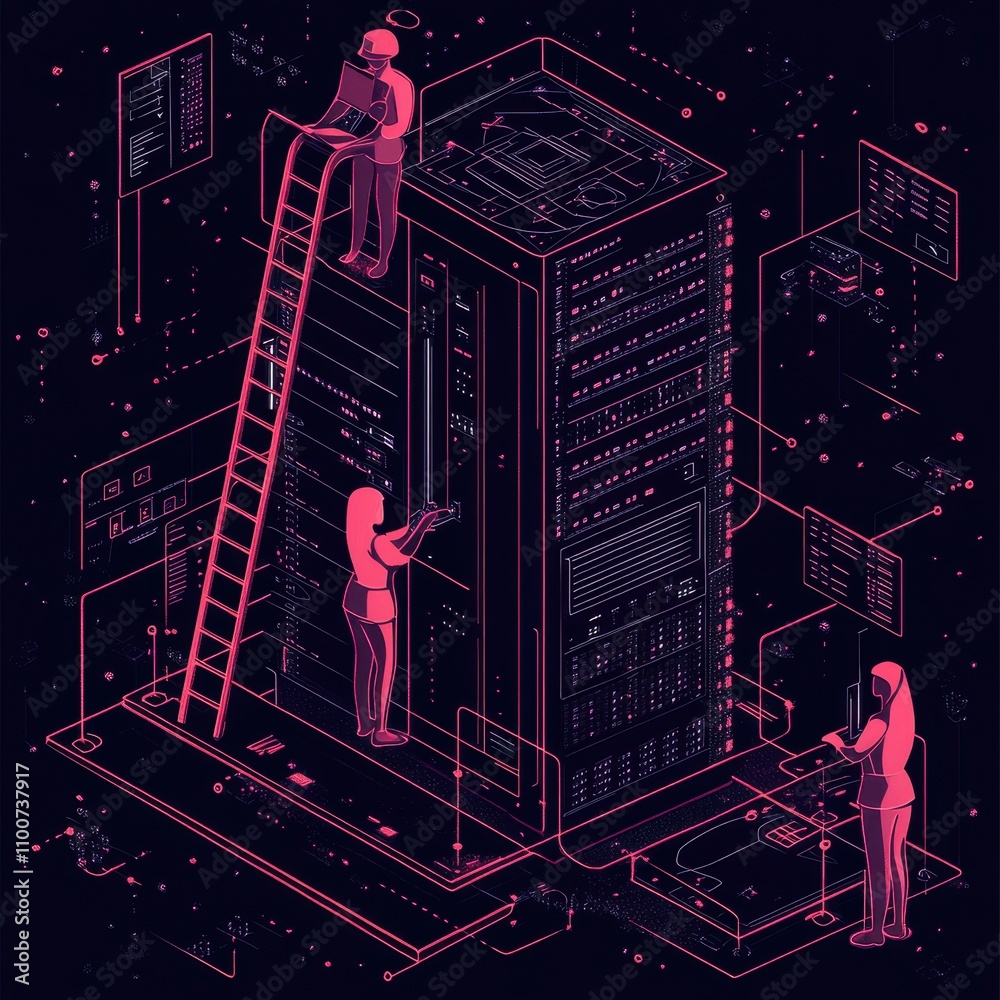 Aufkleber A digital illustration showing technicians working on a server rack, with a futuristic design and a dark background, emphasizing technology and data management.