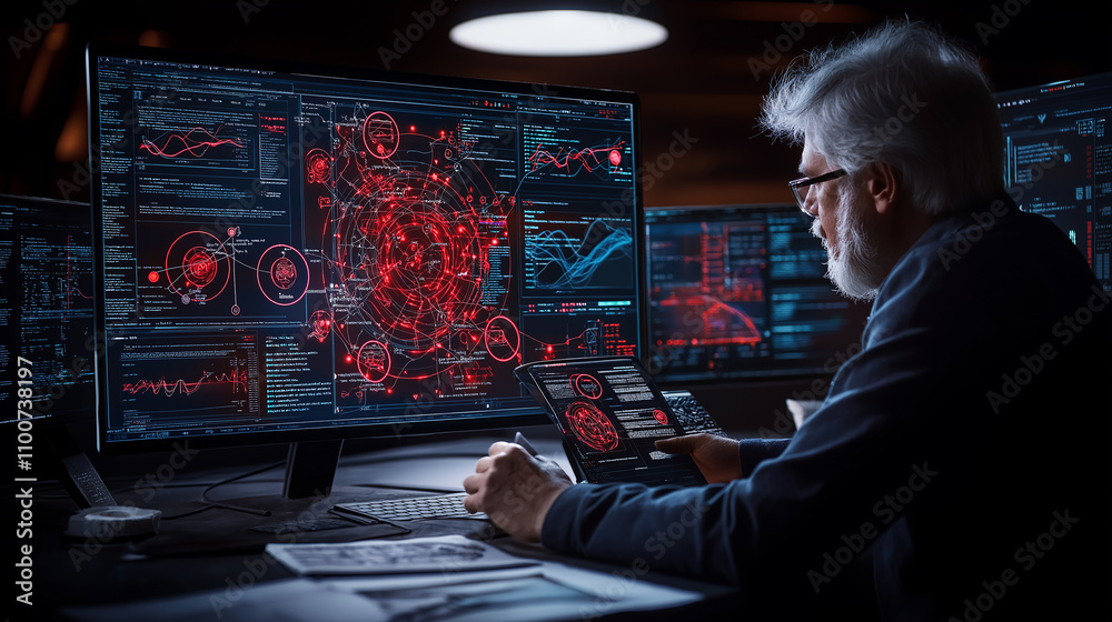 Leinwandbilder digital security expert analyzing data on multiple screens, focused and engaged
