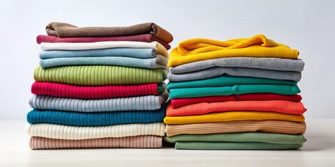 Pile of Neatly Folded Clothes on a Crisp White Background for Fashion Photography and Textile Showcase