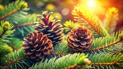 Fototapeta premium Pine Cones on a Fir Branch Surrounded by Lush Green Needles, Perfectly Positioned for Nature Photography with Ample Copy Space for Text or Branding Needs