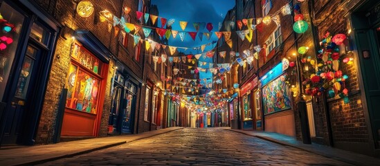 Fototapeta premium Festive night street scene with colorful flags and lights.