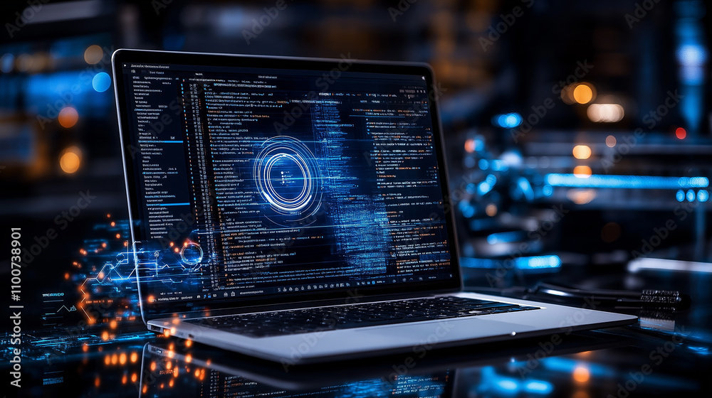 Poster Laptop displaying Python Selenium script with glowing code elements