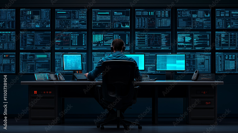 Poster high tech cybersecurity center with professionals monitoring data