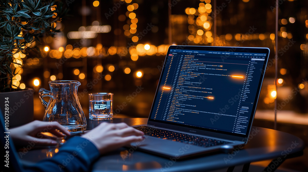 Poster laptop displaying coding script in cozy, illuminated setting