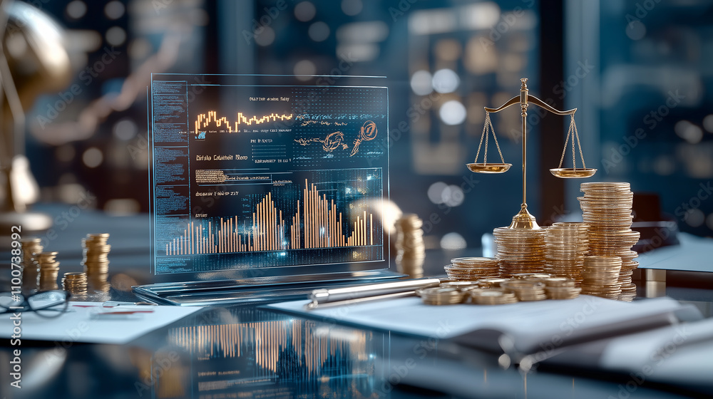 Poster digital display showing financial data and legal scales in office