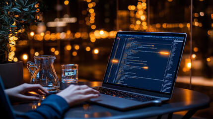laptop displaying coding script in cozy, illuminated setting