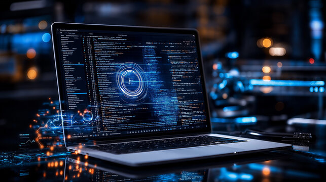 Laptop displaying Python Selenium script with glowing code elements