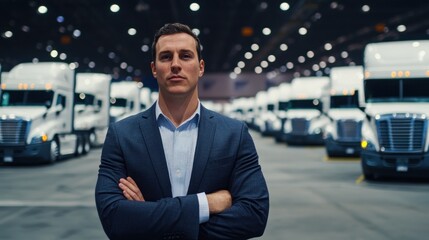 A confident man in a suit stands with arms crossed in a well-lit warehouse filled with trucks, exuding professionalism and authority.