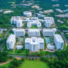 Aerial view of a large campus with numerous white buildings, green spaces, and swimming pools.